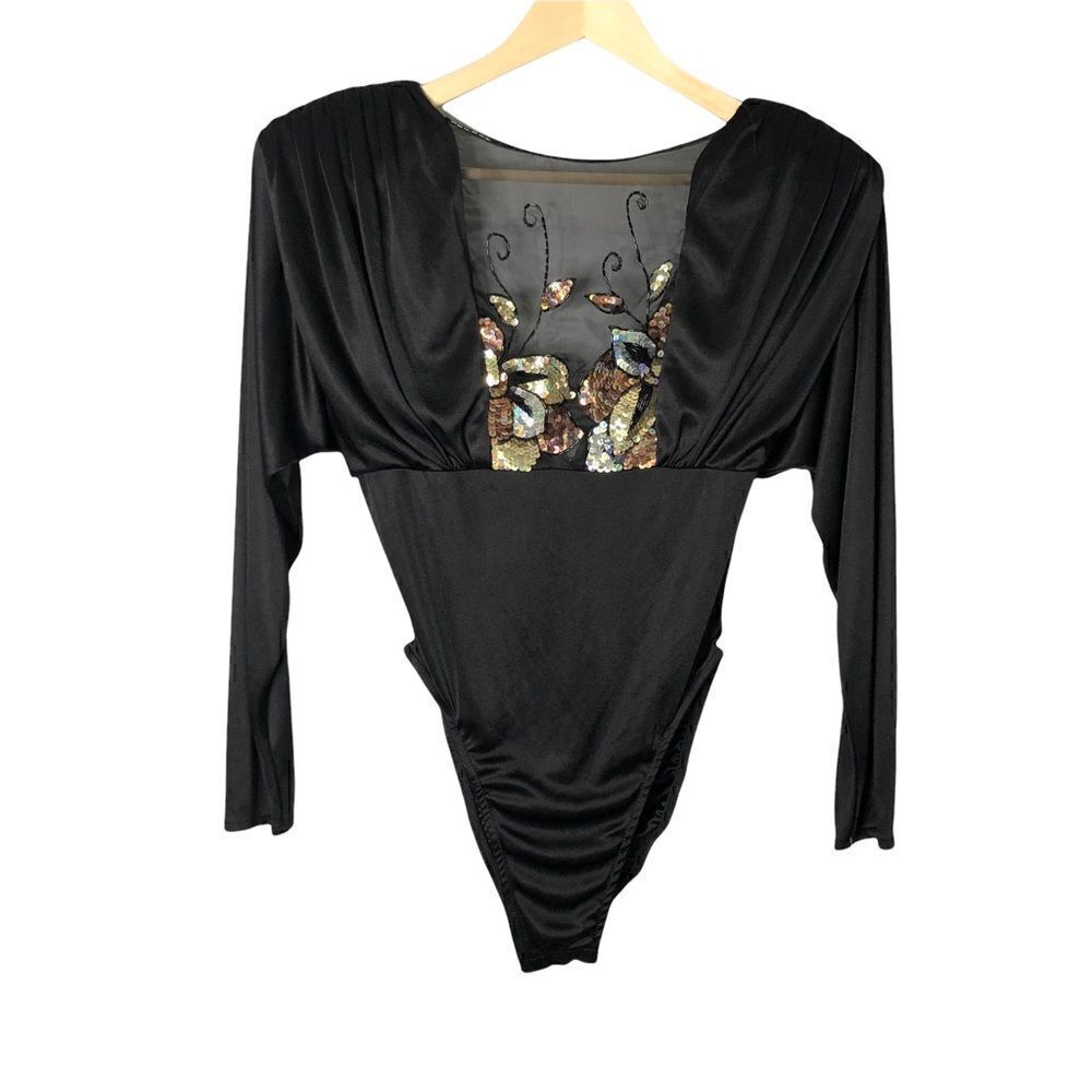 Vintage 80s Dovizia by Jane McCartney Black Embellished Bodysuit Hi Cut